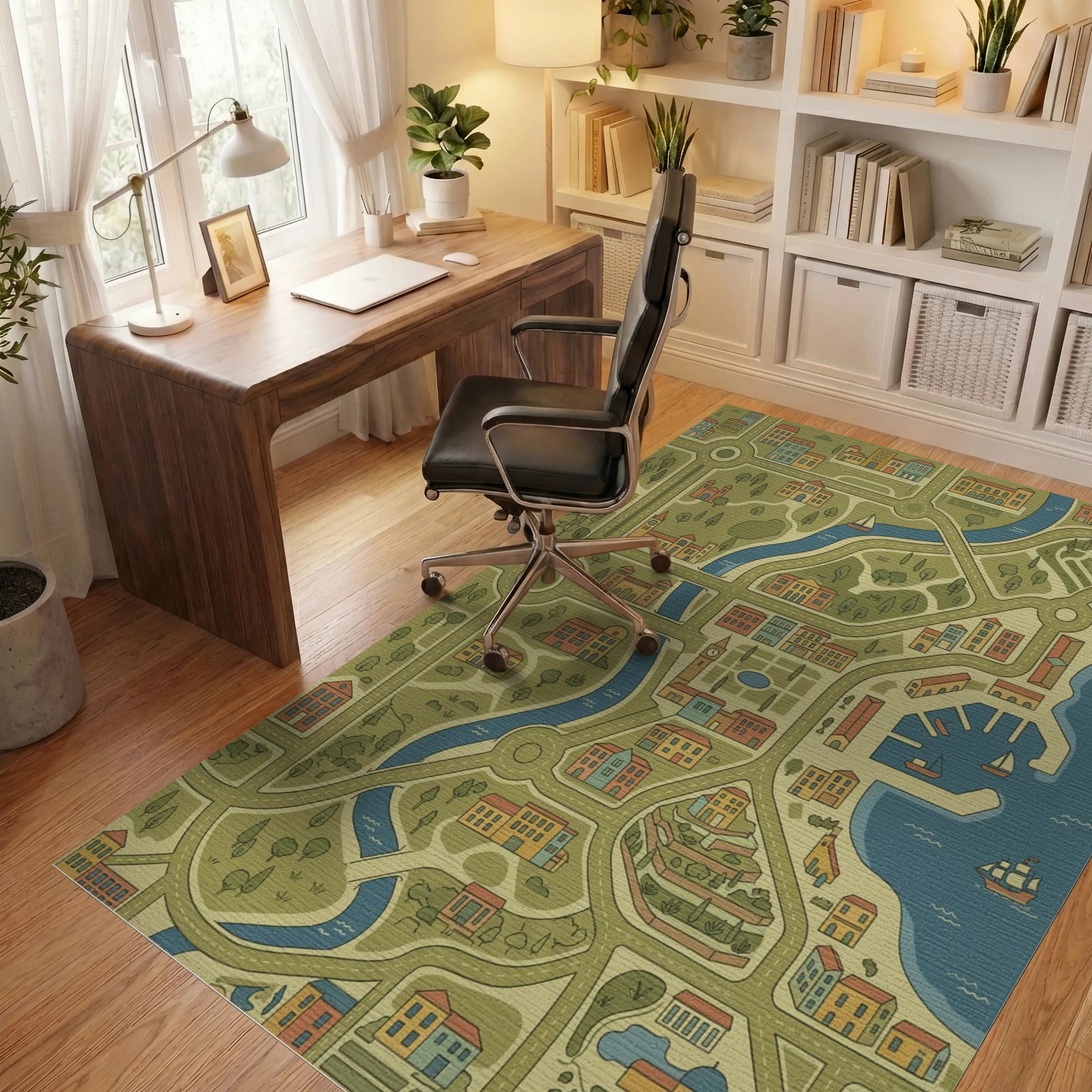 Whimsical Cityscape Map Buildings Rug Office View