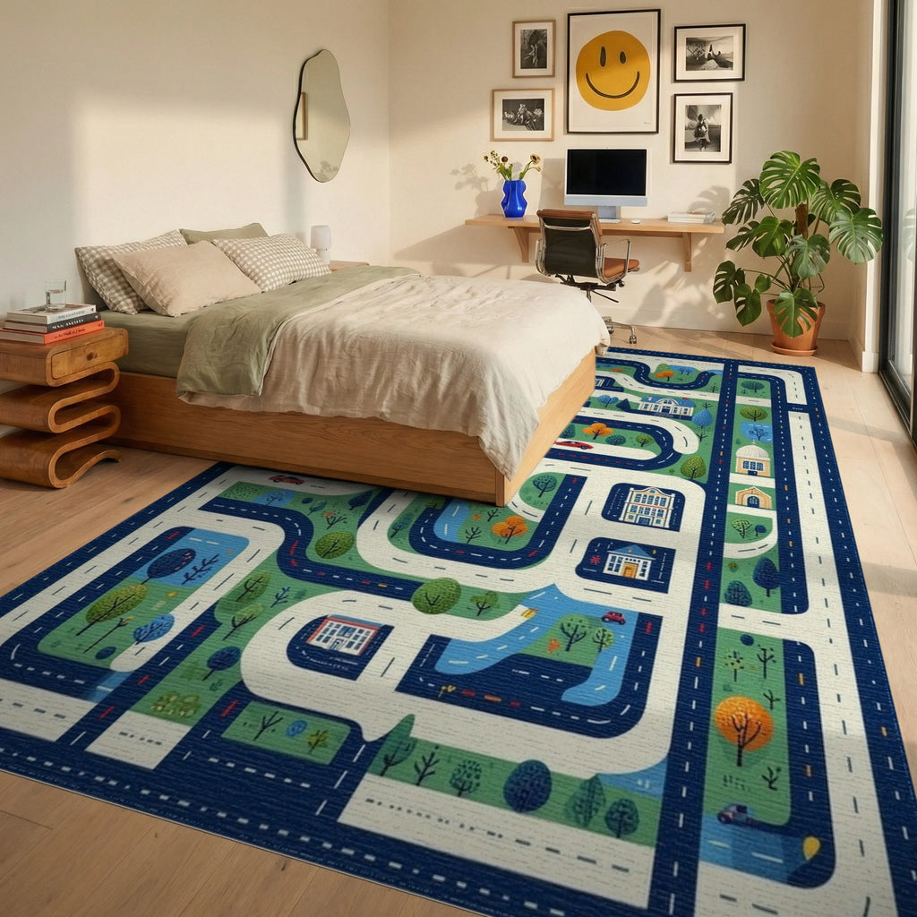 Whimsical Cityscape Roads Buildings Rug - Bedroom View