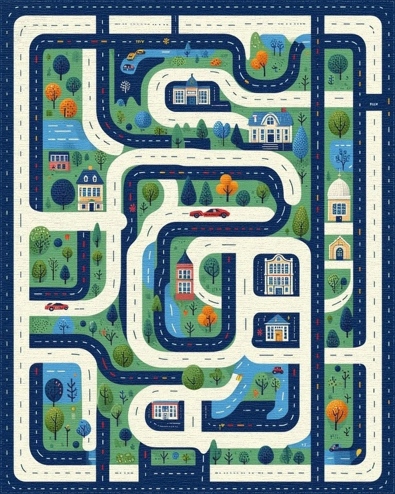 Whimsical Cityscape Roads Buildings Rug - Cutout View