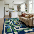 Whimsical Cityscape Roads Buildings Rug - Living Room View