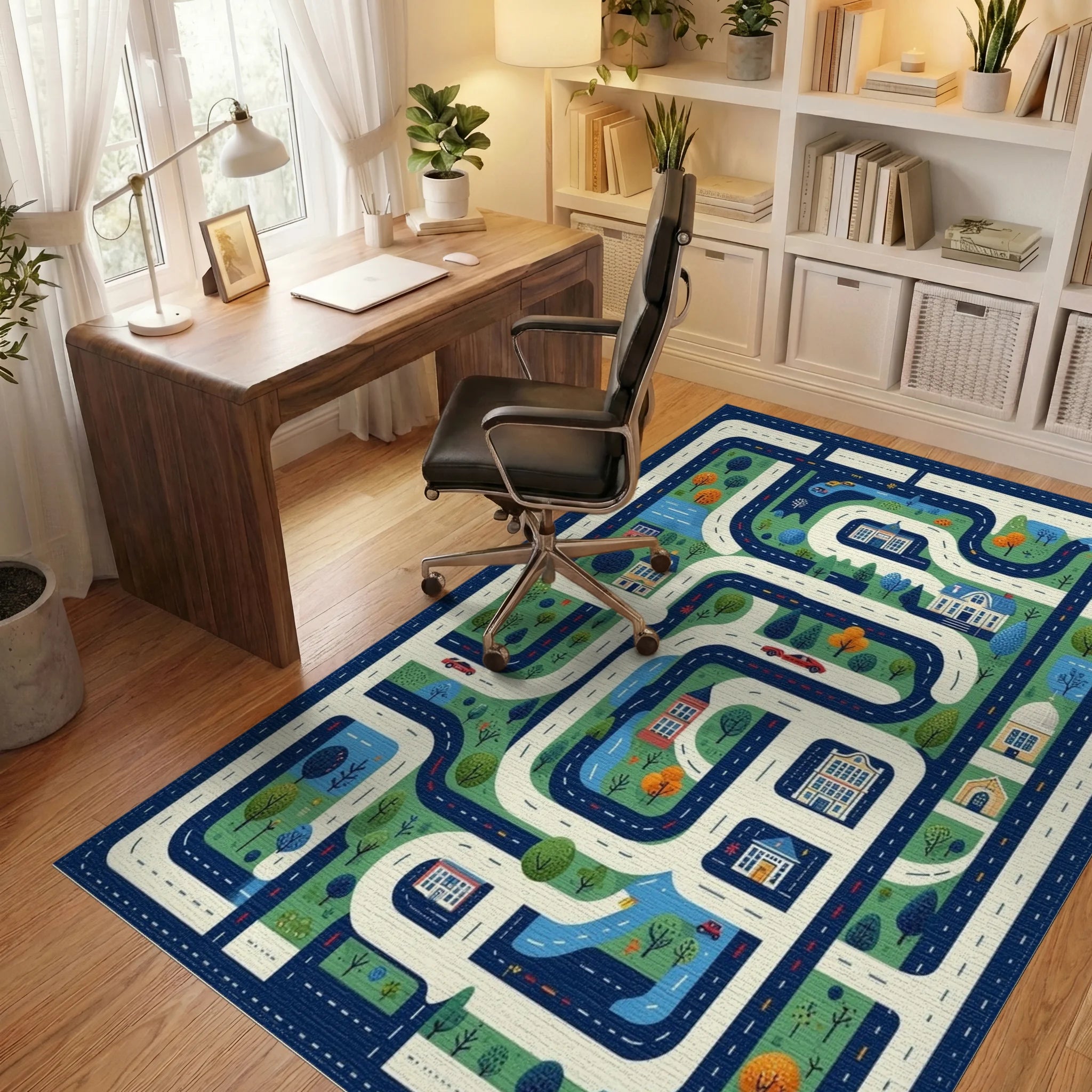 Whimsical Cityscape Roads Buildings Rug - Office View