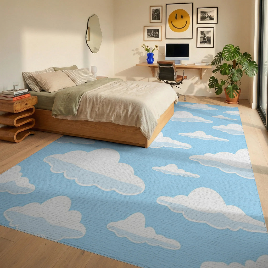 Whimsical Cloud Pattern Blue Sky Rug Bedroom View