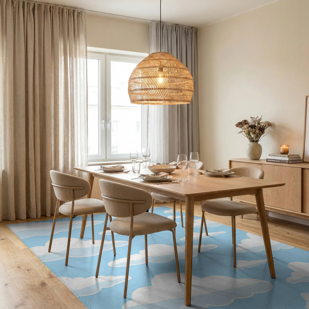 Whimsical Cloud Pattern Blue Sky Rug Dining Room View