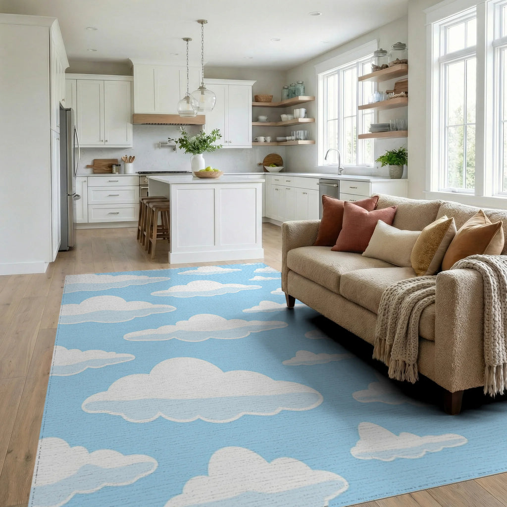 Whimsical Cloud Pattern Blue Sky Rug Living Room View