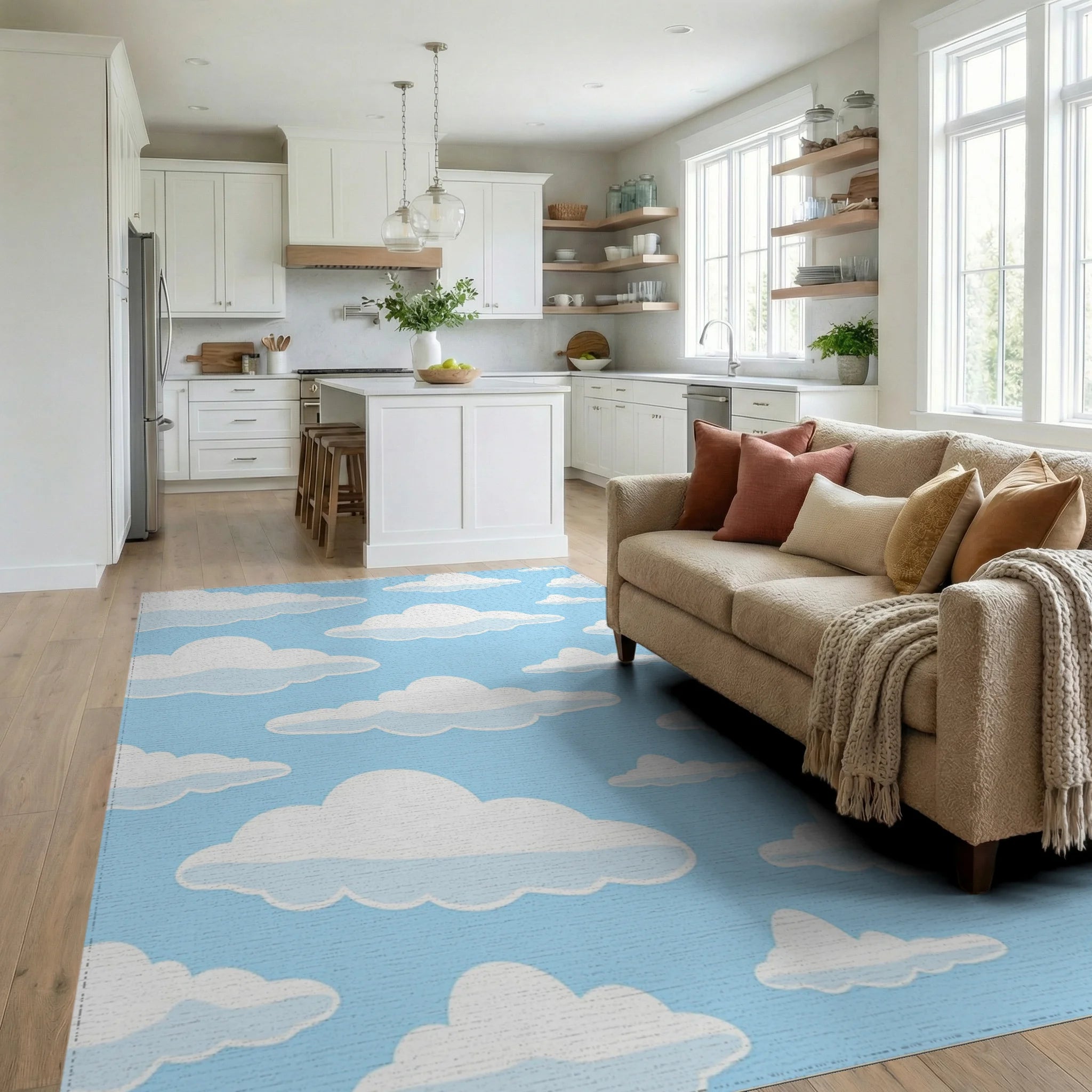 Whimsical Cloud Pattern Blue Sky Rug Living Room View