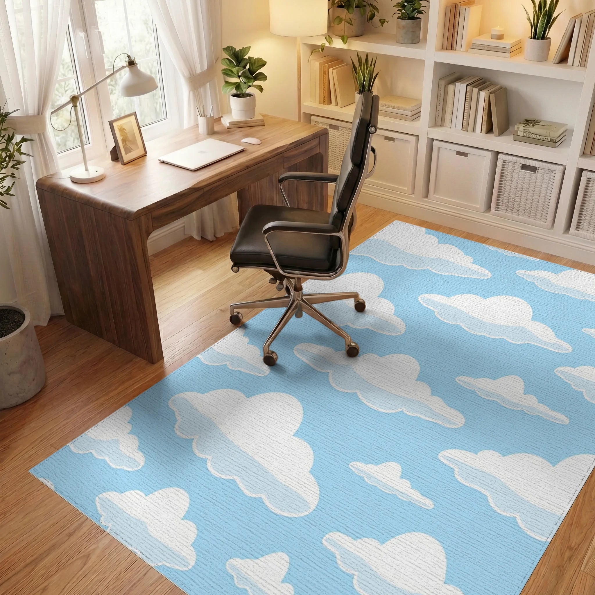 Whimsical Cloud Pattern Blue Sky Rug Office View