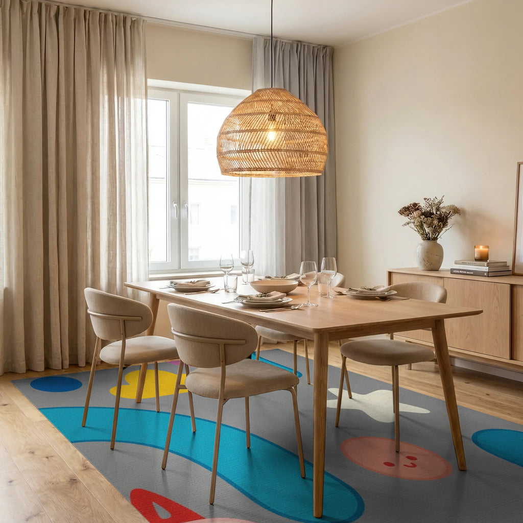 Whimsical Color Pop Character Cloud Star Rug - Dining Room View