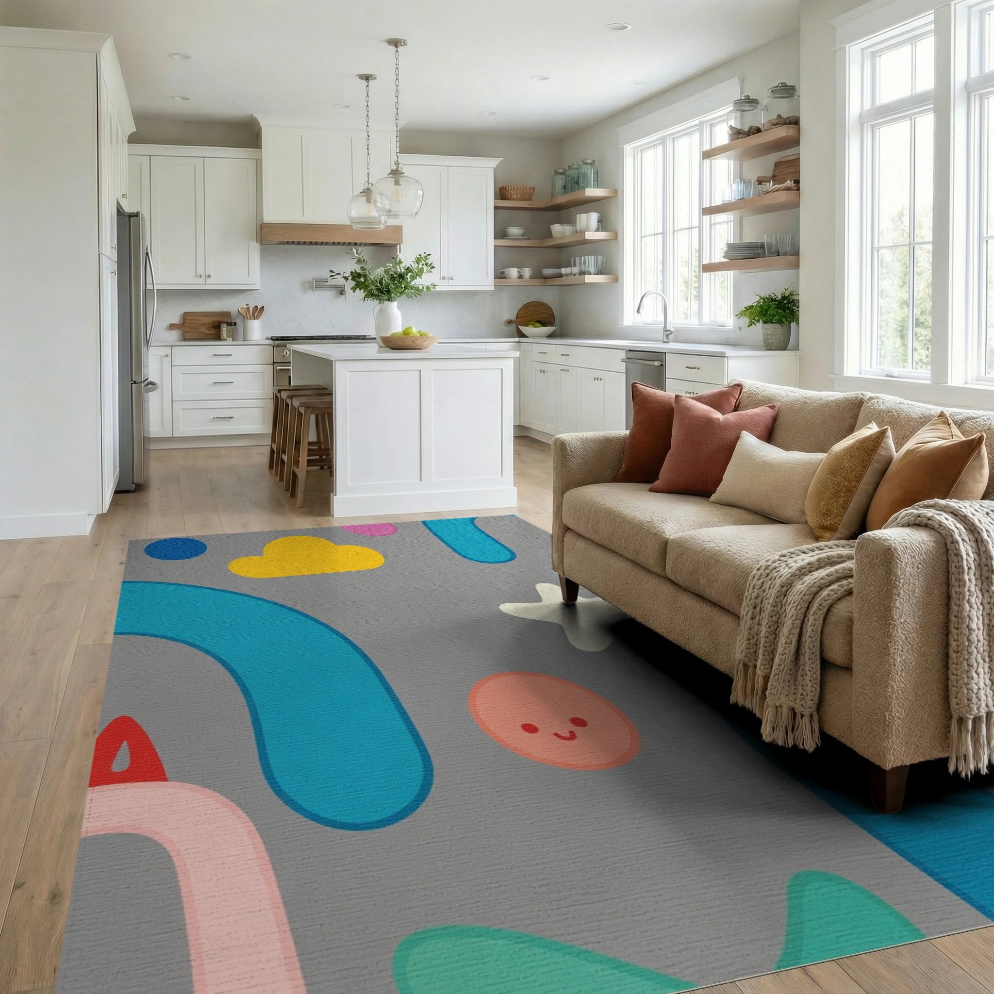 Whimsical Color Pop Character Cloud Star Rug - Living Room View