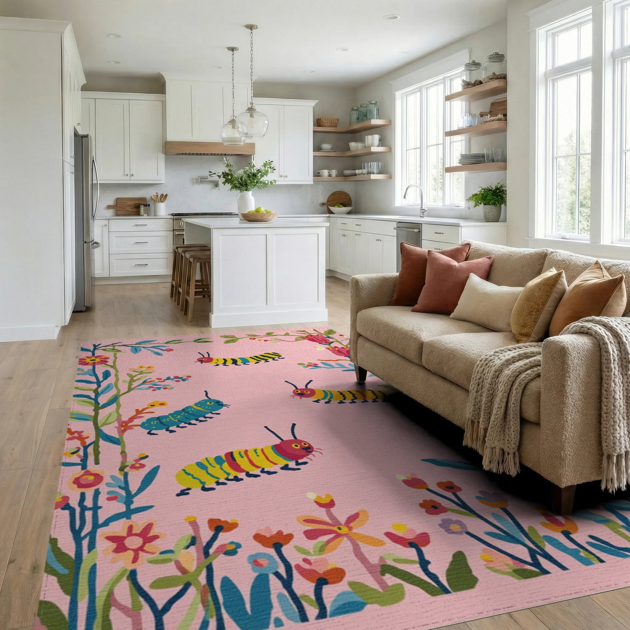 Whimsical Colorful Caterpillar Floral Border Rug Living Room View