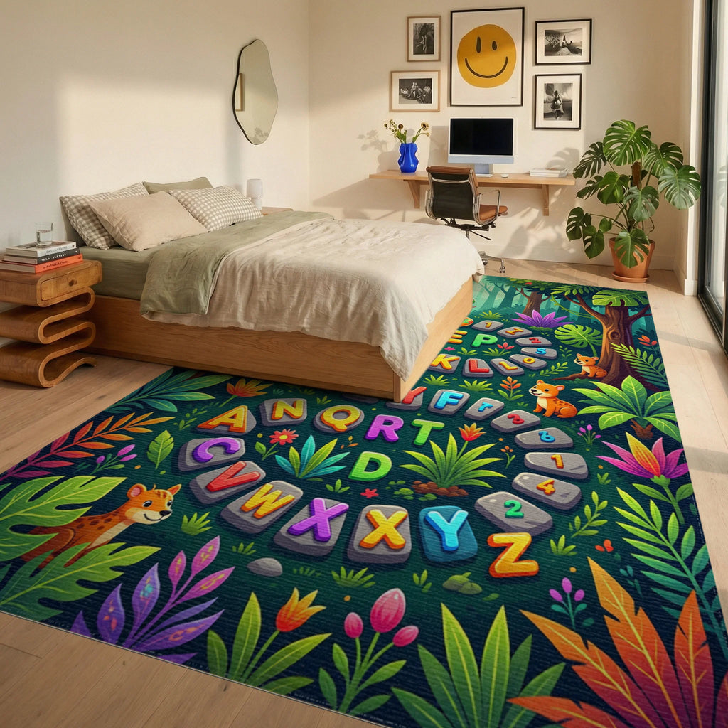 Whimsical Colorful Jungle Animal Alphabet Rug Bedroom View
