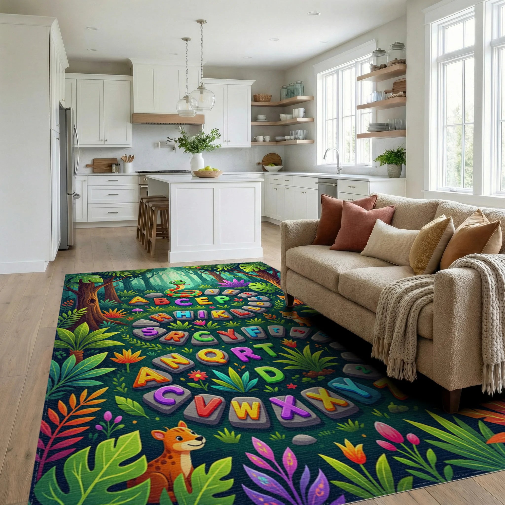 Whimsical Colorful Jungle Animal Alphabet Rug Living Room View