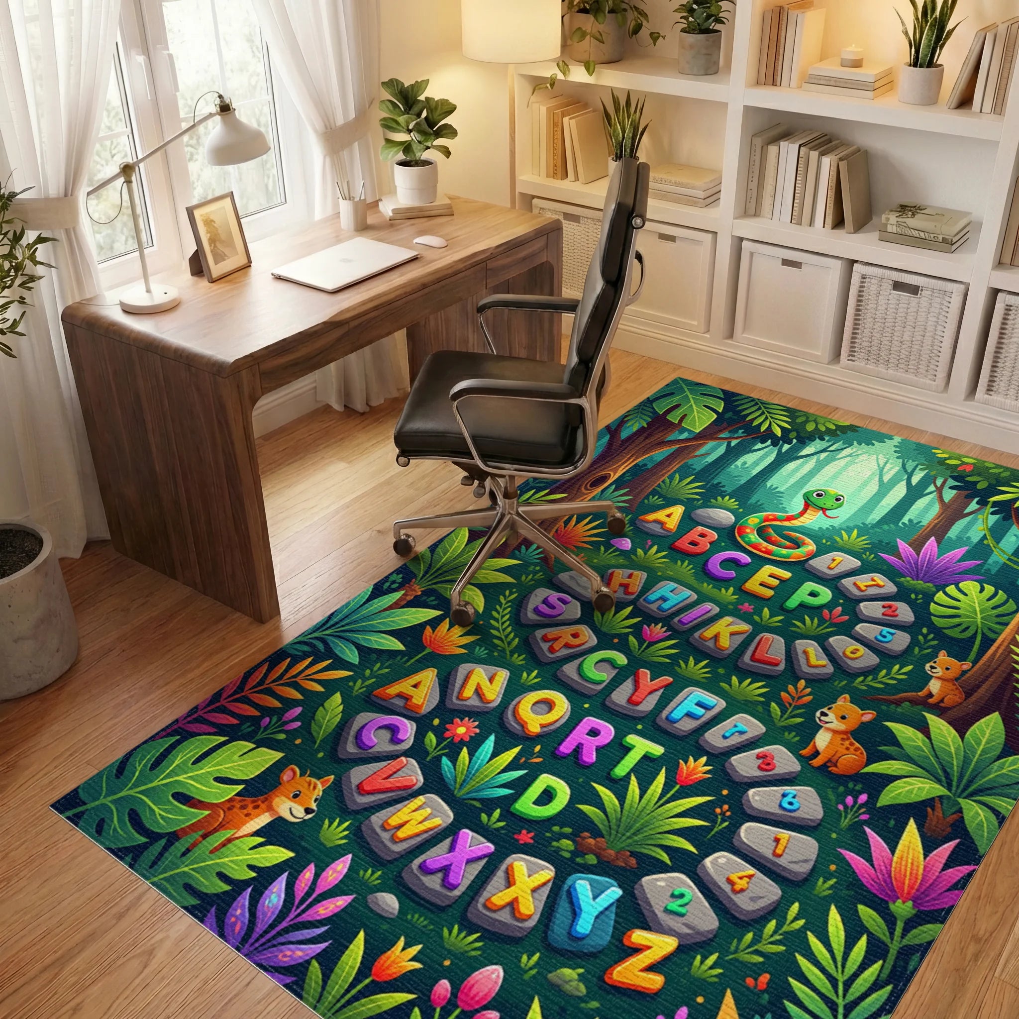 Whimsical Colorful Jungle Animal Alphabet Rug Office View