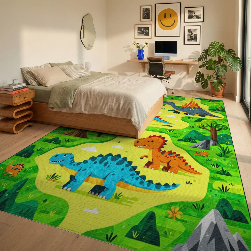 Whimsical Dinosaur Jungle Volcano Rug - Bedroom View