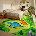 Whimsical Dinosaur Jungle Volcano Rug - Bedroom View