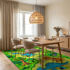 Whimsical Dinosaur Jungle Volcano Rug - Dining Room View