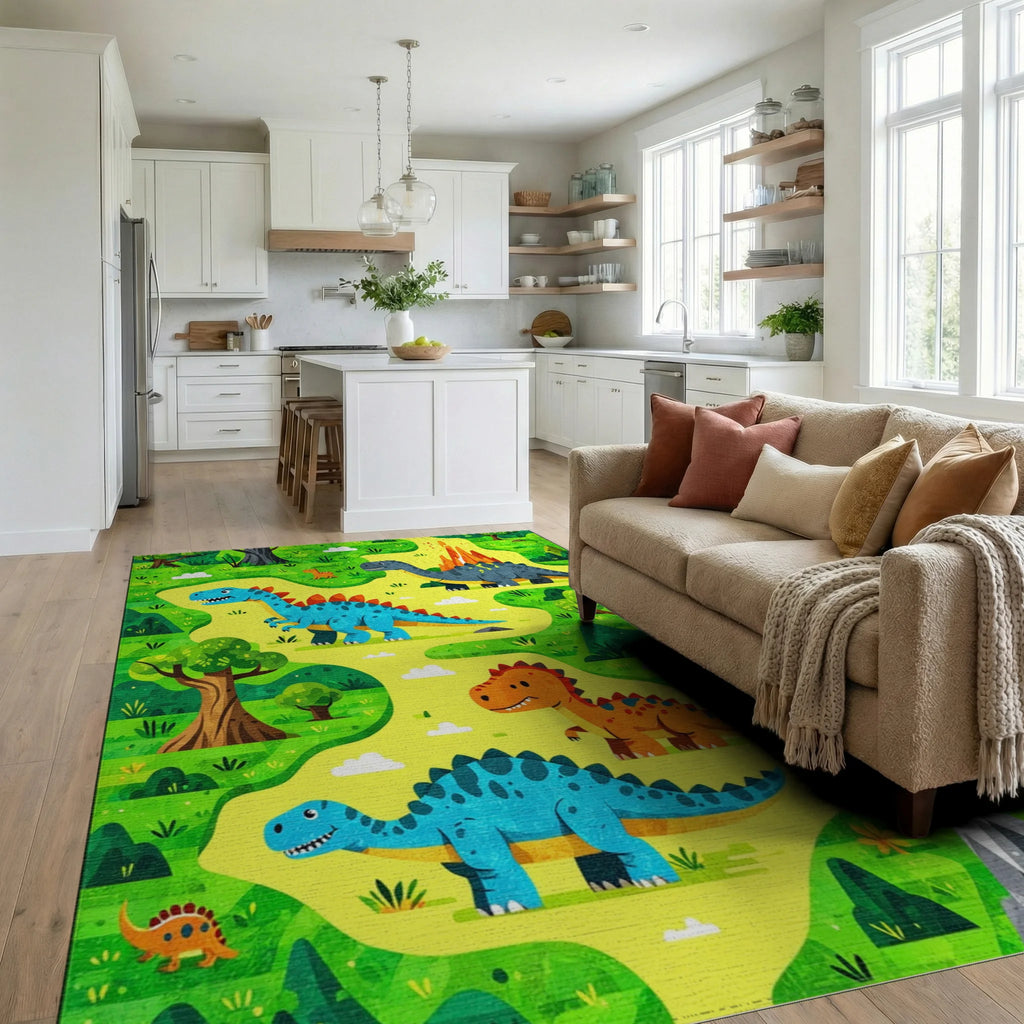 Whimsical Dinosaur Jungle Volcano Rug - Living Room View