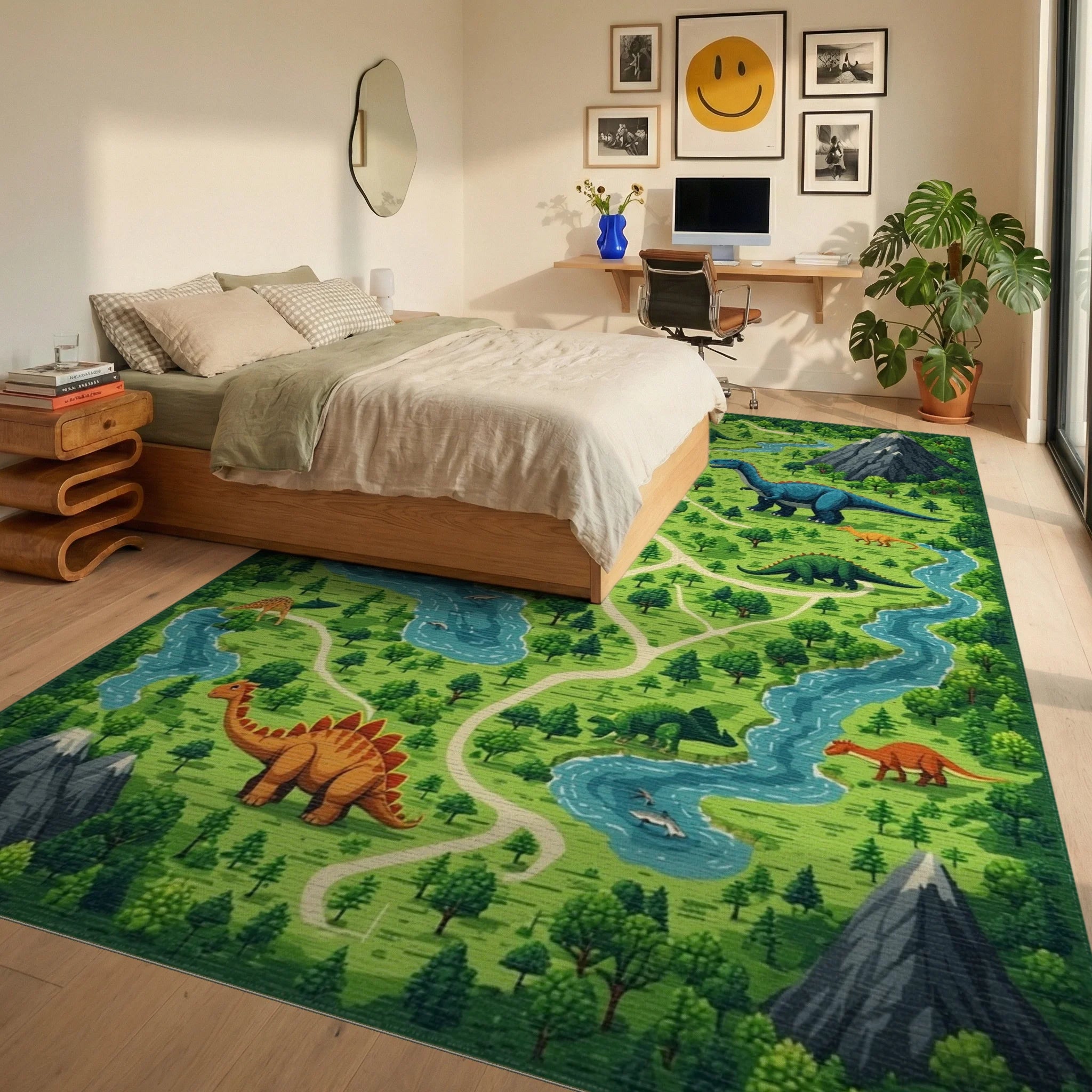 Whimsical Dinosaur Mountain Forest Rug - Bedroom View