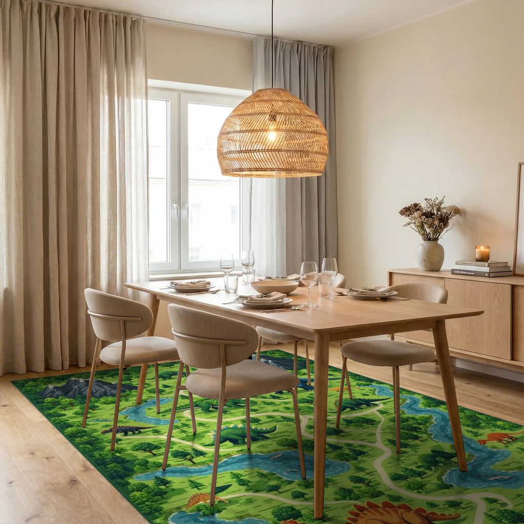 Whimsical Dinosaur Mountain Forest Rug - Dining Room View