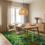 Whimsical Dinosaur Mountain Forest Rug - Dining Room View