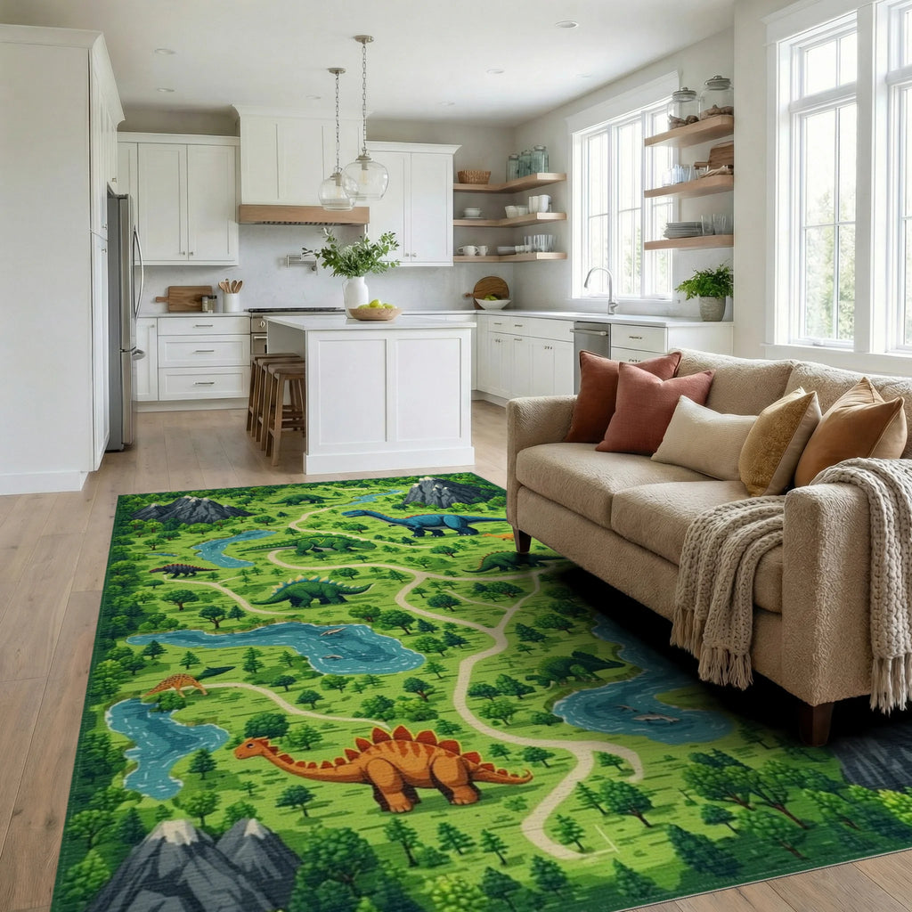 Whimsical Dinosaur Mountain Forest Rug - Living Room View