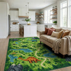 Whimsical Dinosaur Mountain Forest Rug - Living Room View
