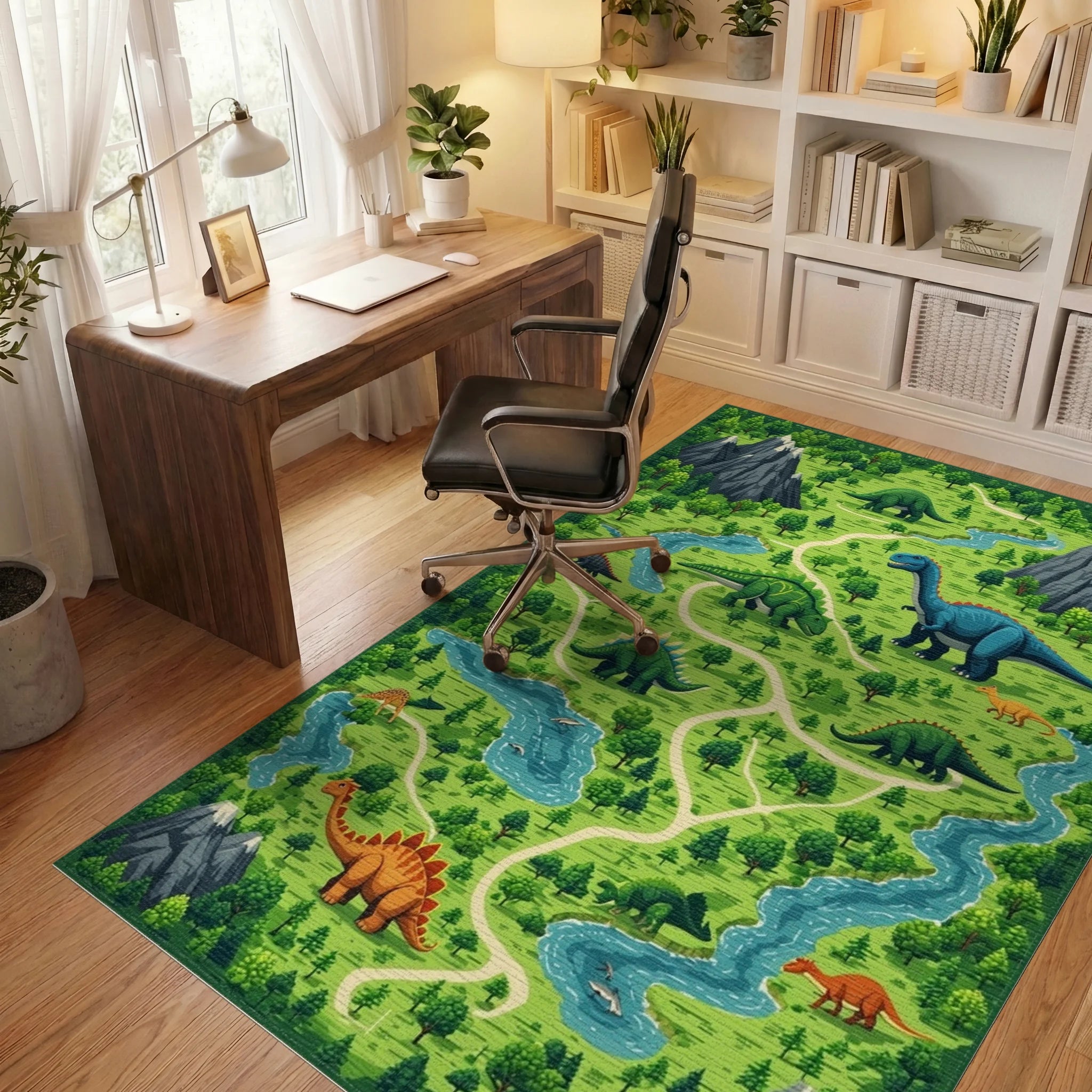 Whimsical Dinosaur Mountain Forest Rug - Office View
