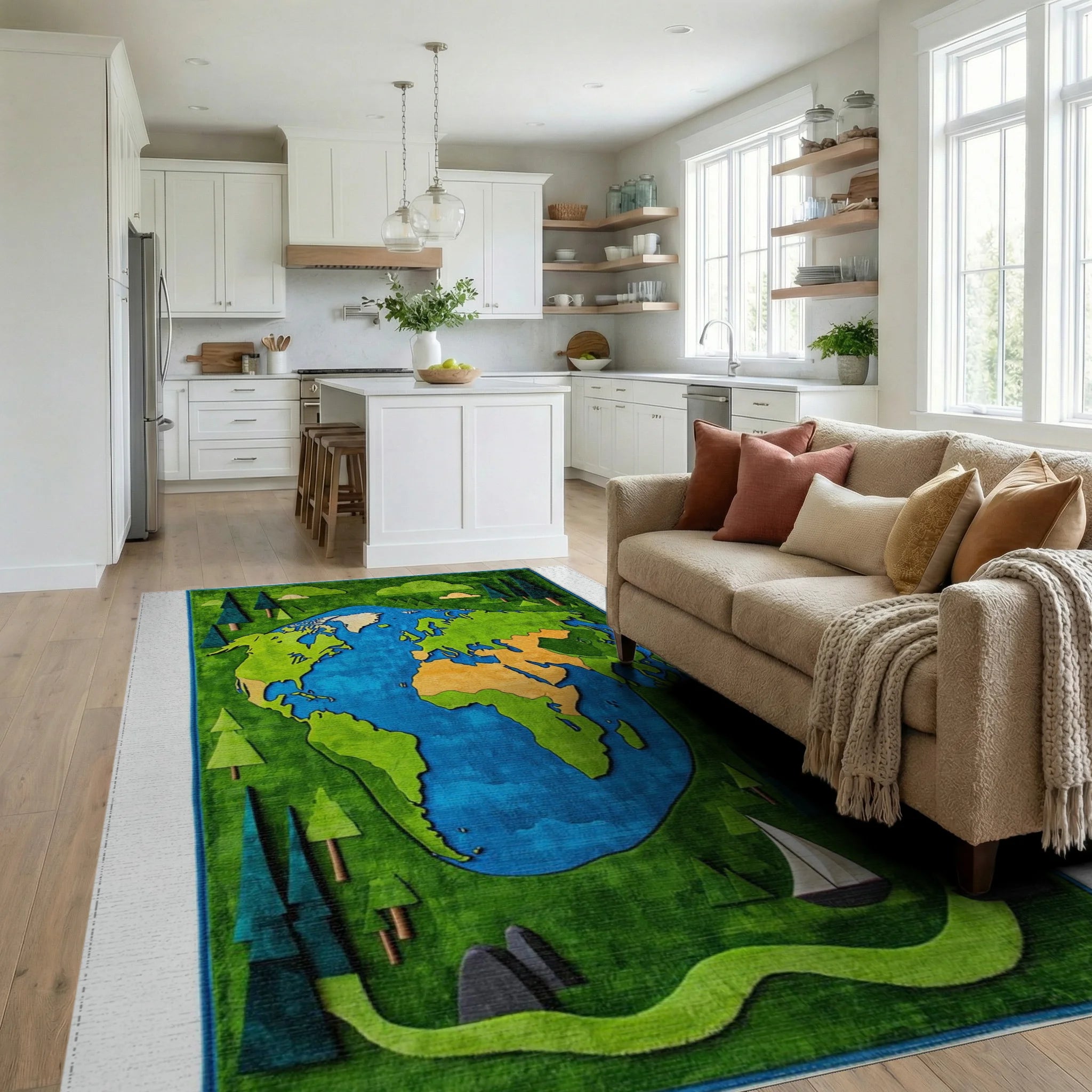 Whimsical Earth Forest Green Scenic Rug - Living Room View
