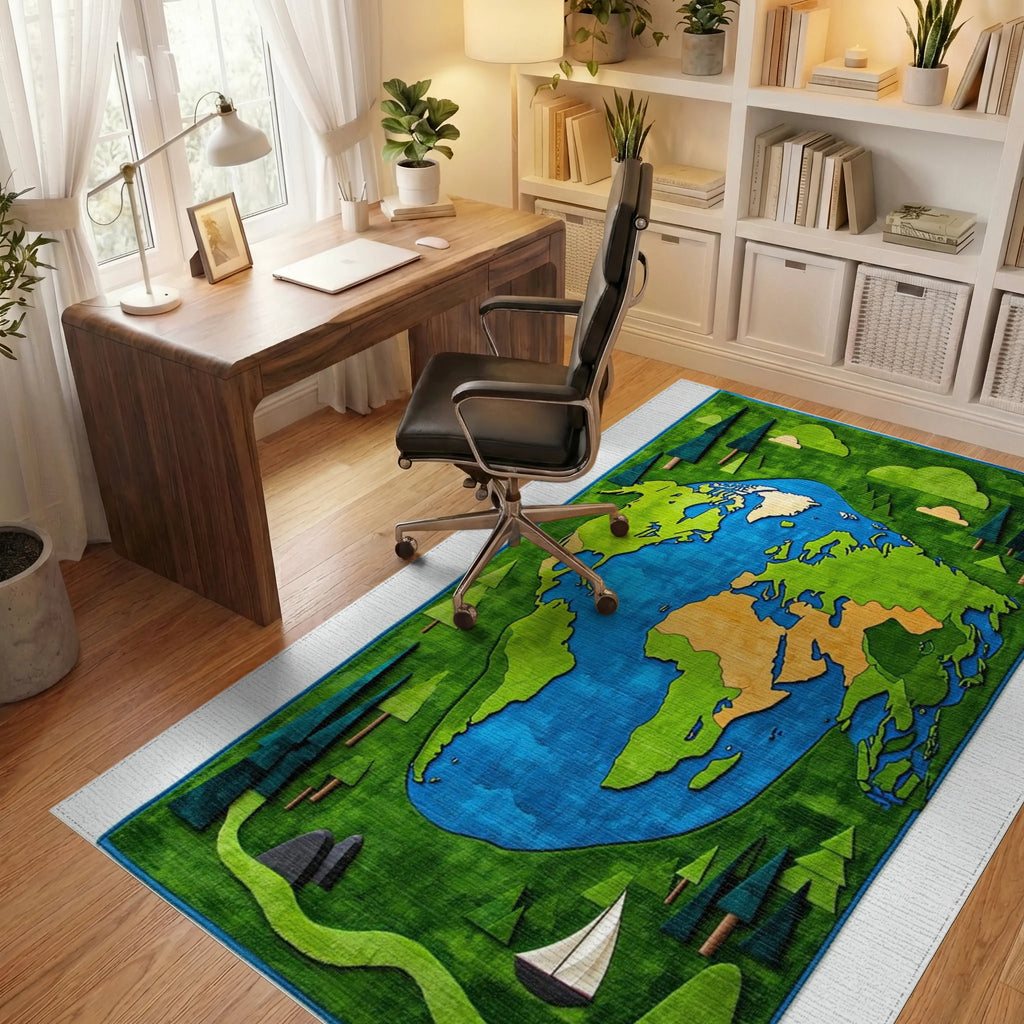 Whimsical Earth Forest Green Scenic Rug - Office View