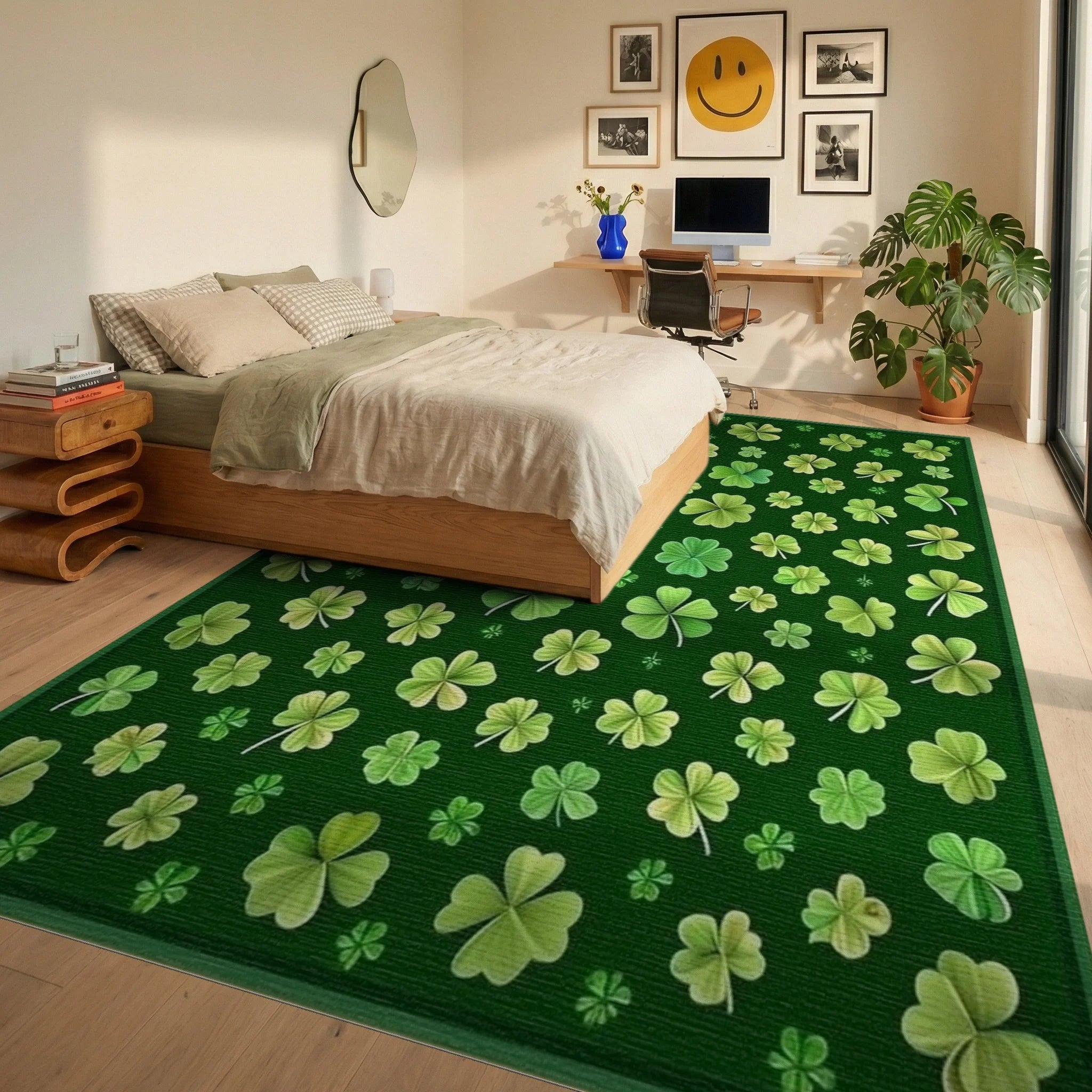 Whimsical Emerald Shamrock Rug - Bedroom View