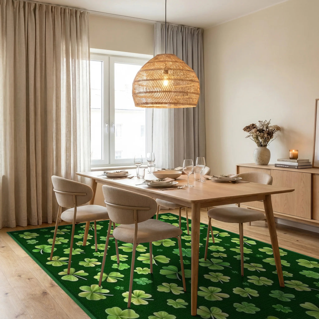 Whimsical Emerald Shamrock Rug - Dining Room View