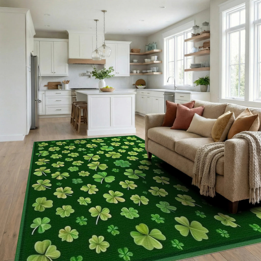 Whimsical Emerald Shamrock Rug - Living Room View