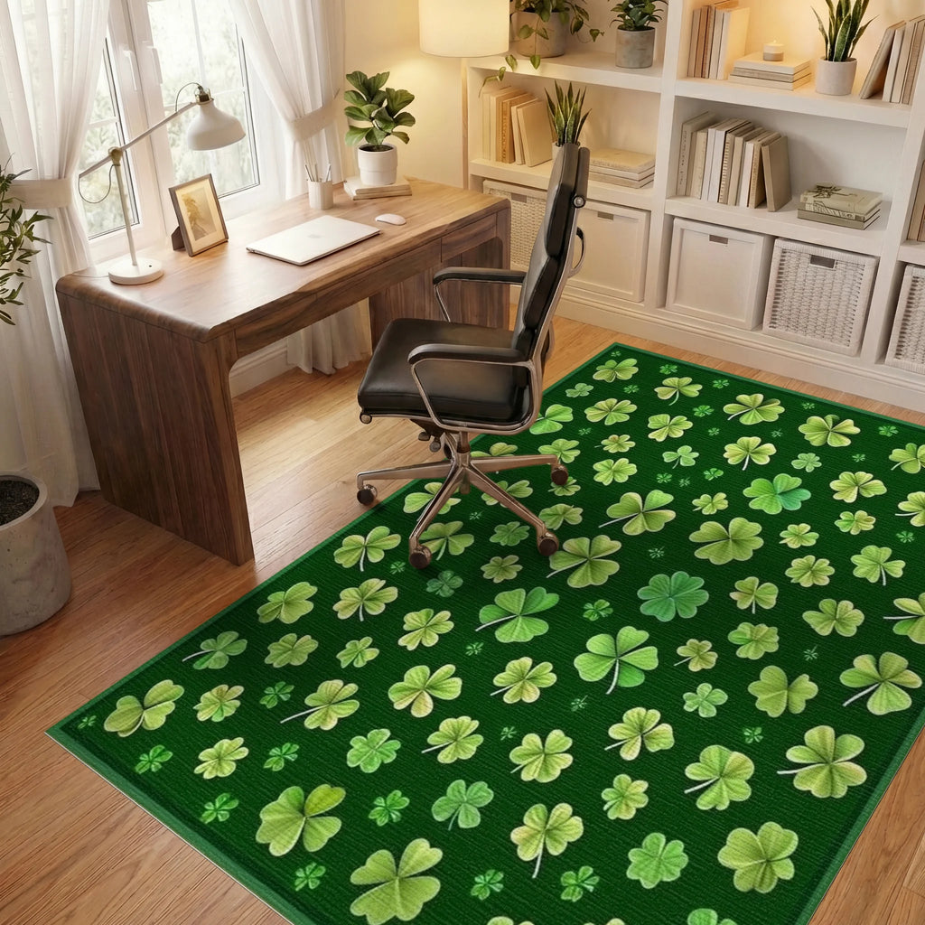 Whimsical Emerald Shamrock Rug - Office View
