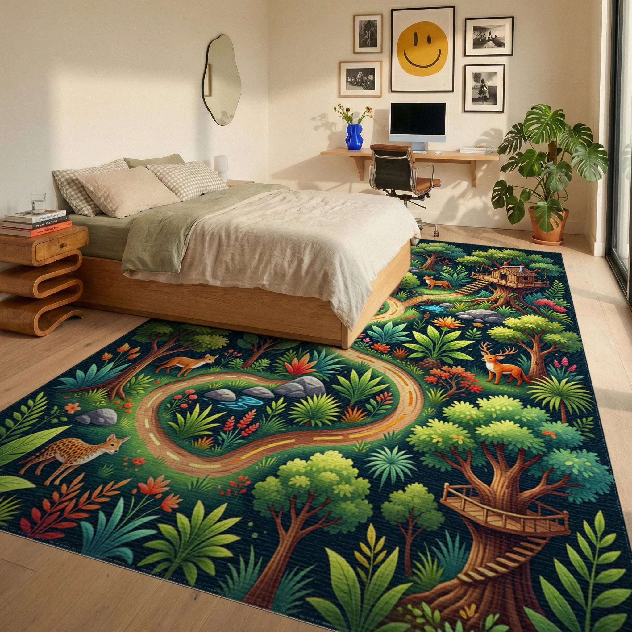 Whimsical Enchanted Forest Wildlife Path Rug Bedroom View