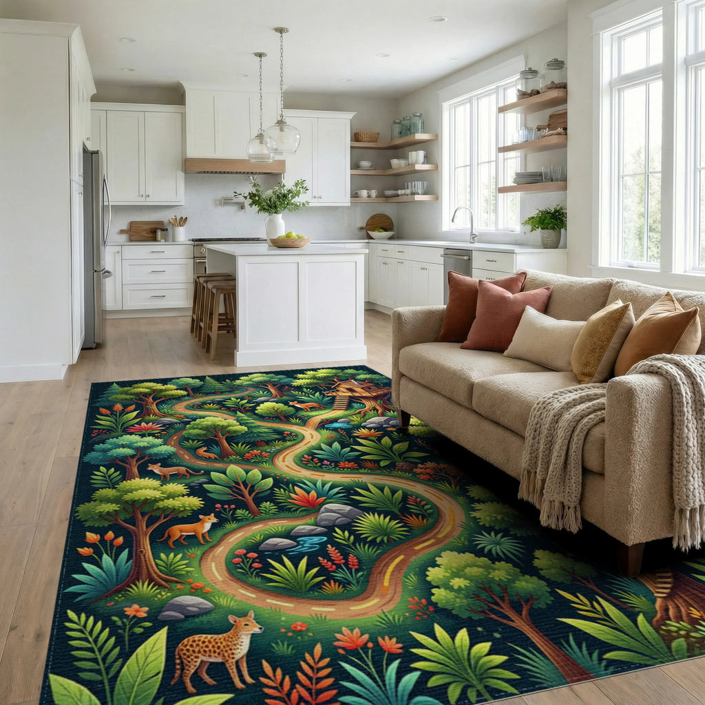 Whimsical Enchanted Forest Wildlife Path Rug Living Room View