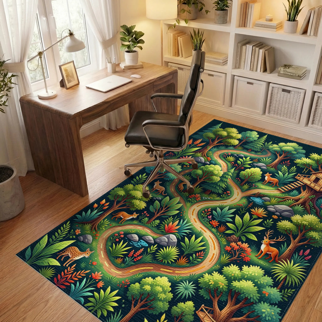Whimsical Enchanted Forest Wildlife Path Rug Office View