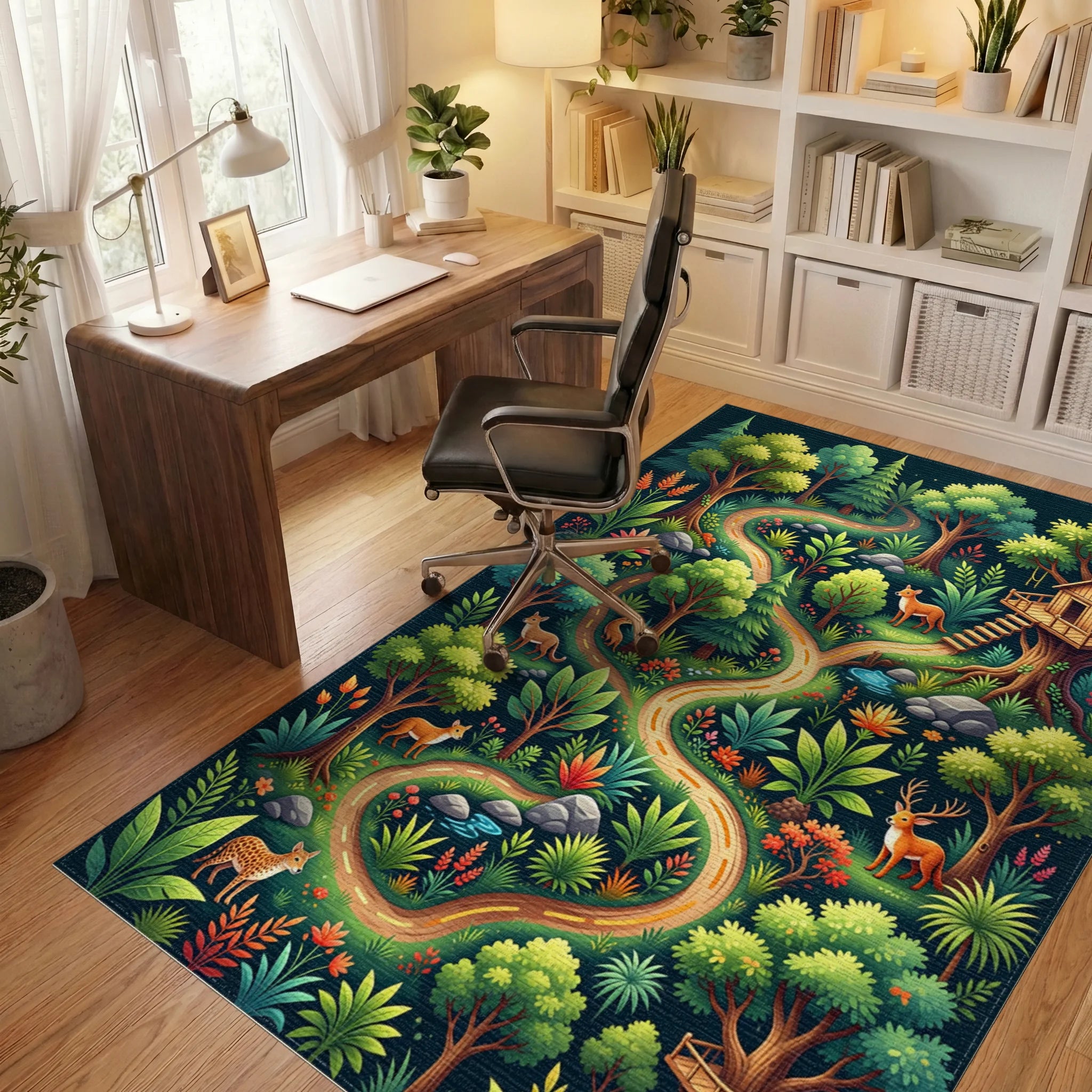 Whimsical Enchanted Forest Wildlife Path Rug Office View