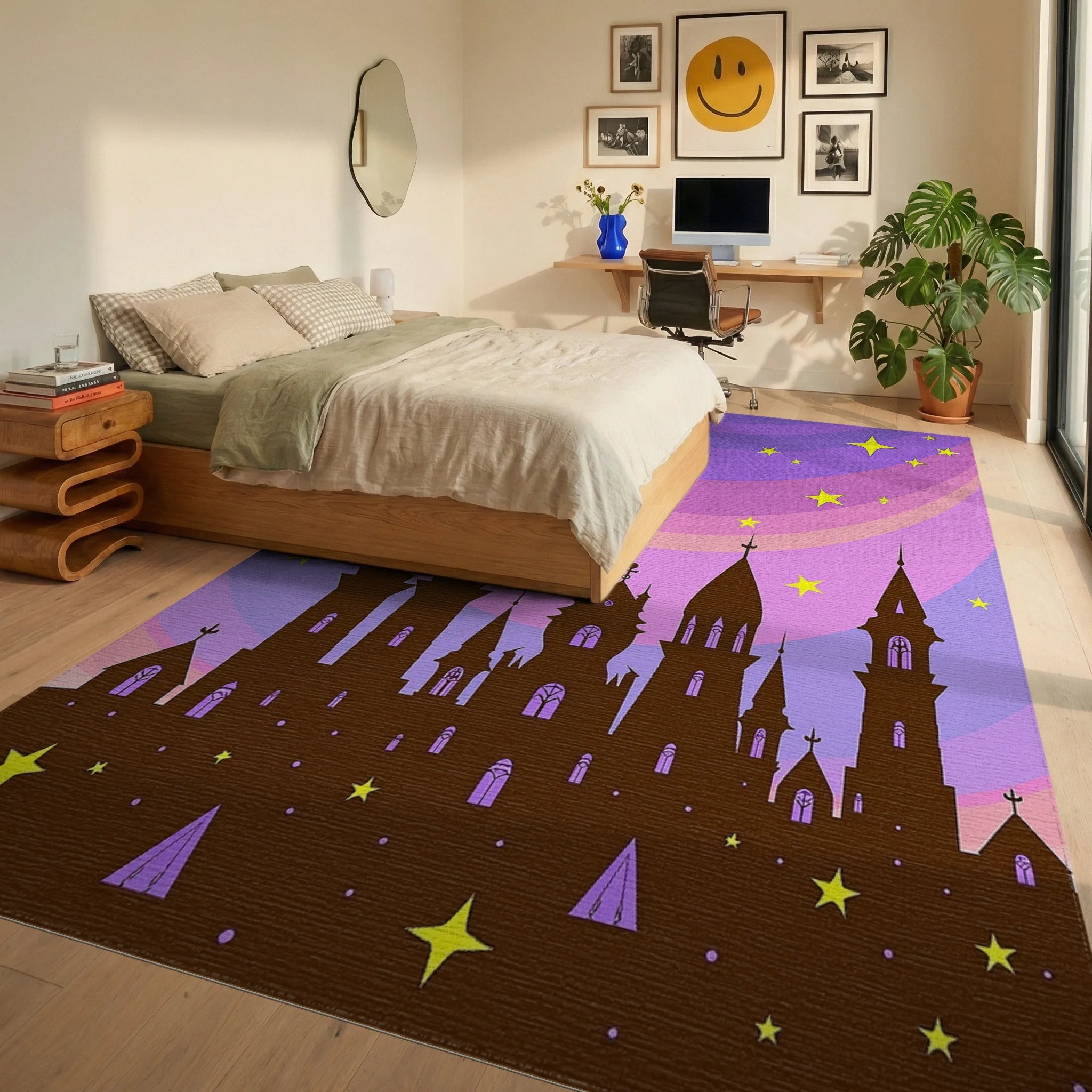 Whimsical Fairy Tale Castle Starry Sky Rug Bedroom View