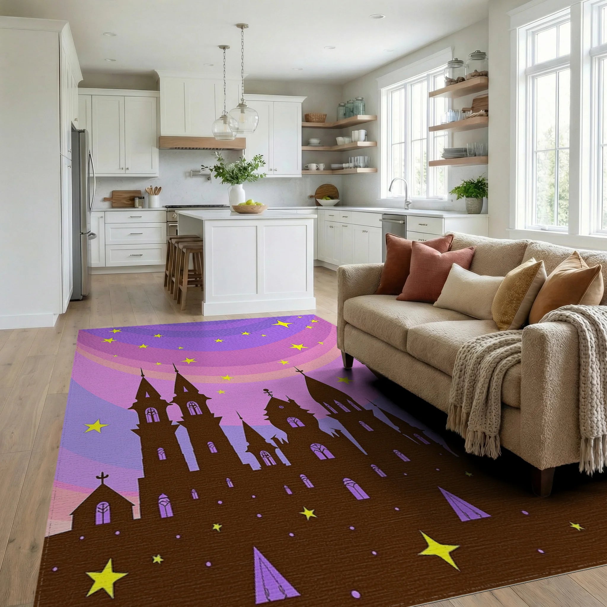Whimsical Fairy Tale Castle Starry Sky Rug Living Room View