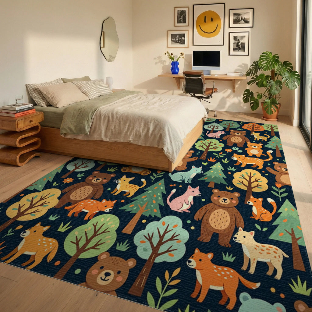 Whimsical Forest Animals Woodland Meadow Illustration Rug Bedroom View