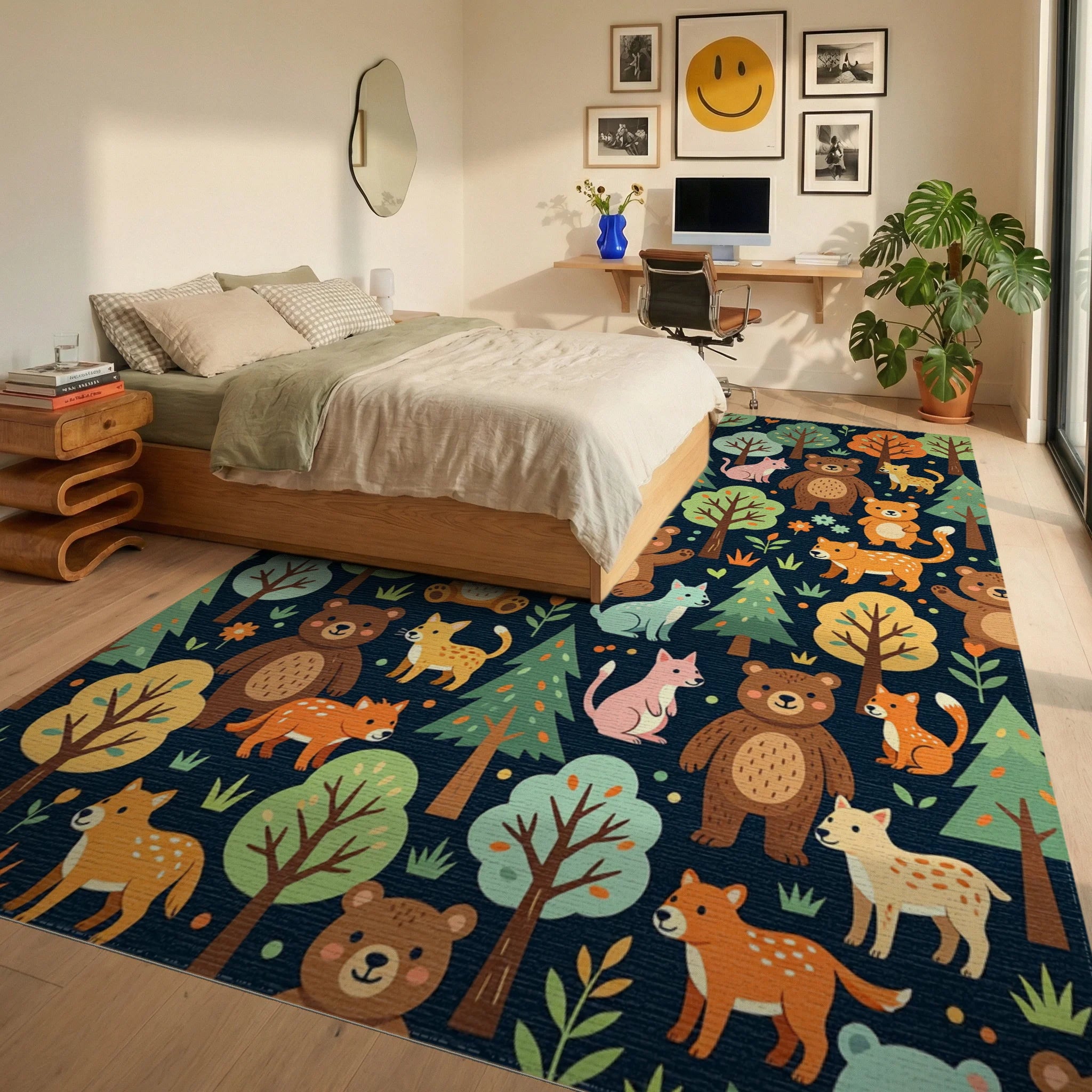 Whimsical Forest Animals Woodland Meadow Illustration Rug Bedroom View