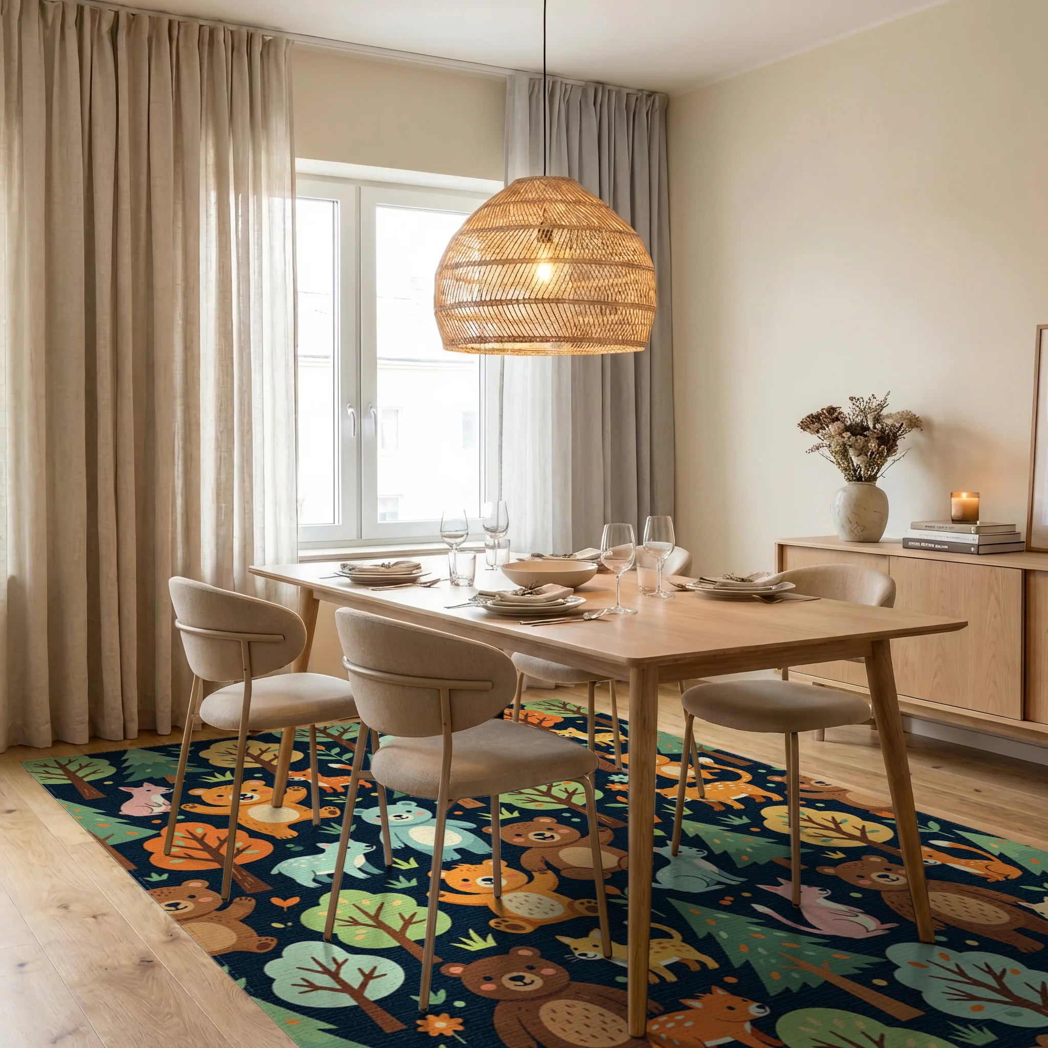 Whimsical Forest Animals Woodland Meadow Illustration Rug Dining Room View