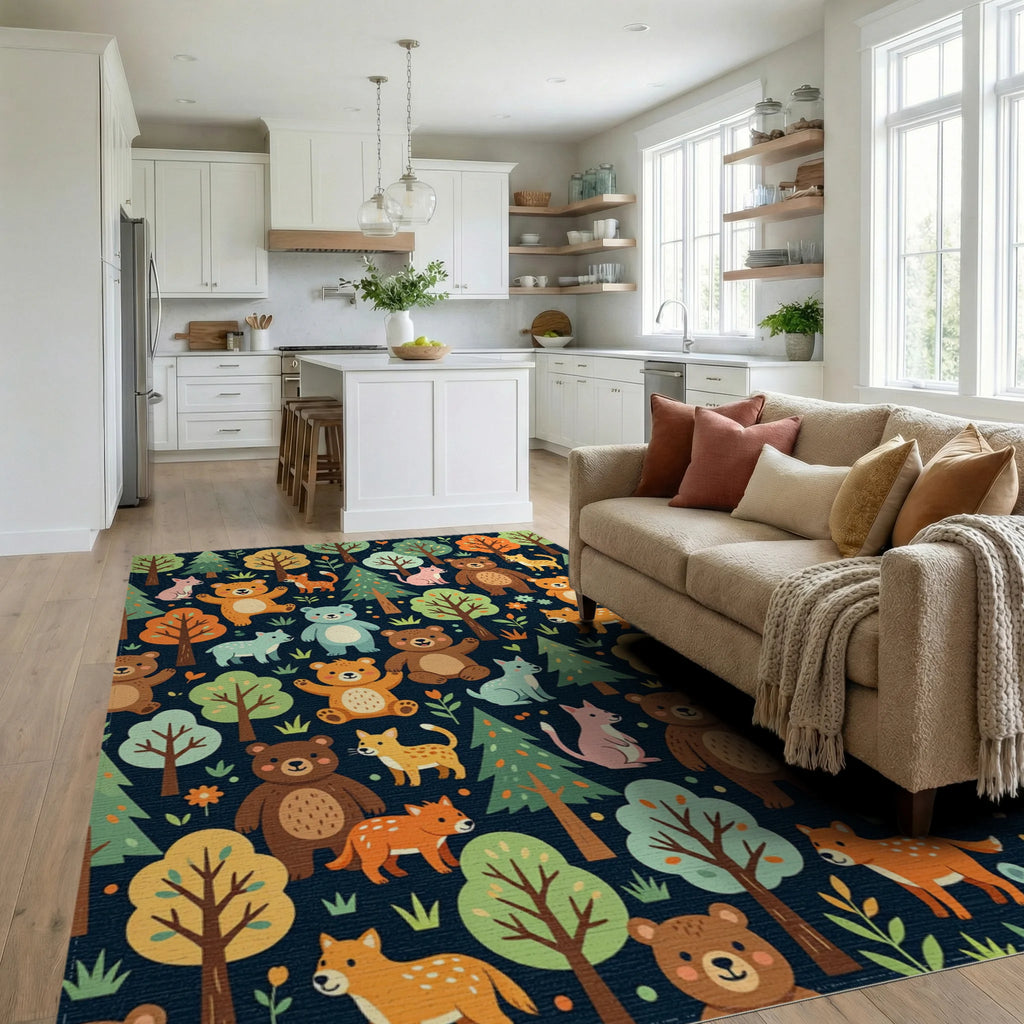 Whimsical Forest Animals Woodland Meadow Illustration Rug Living Room View