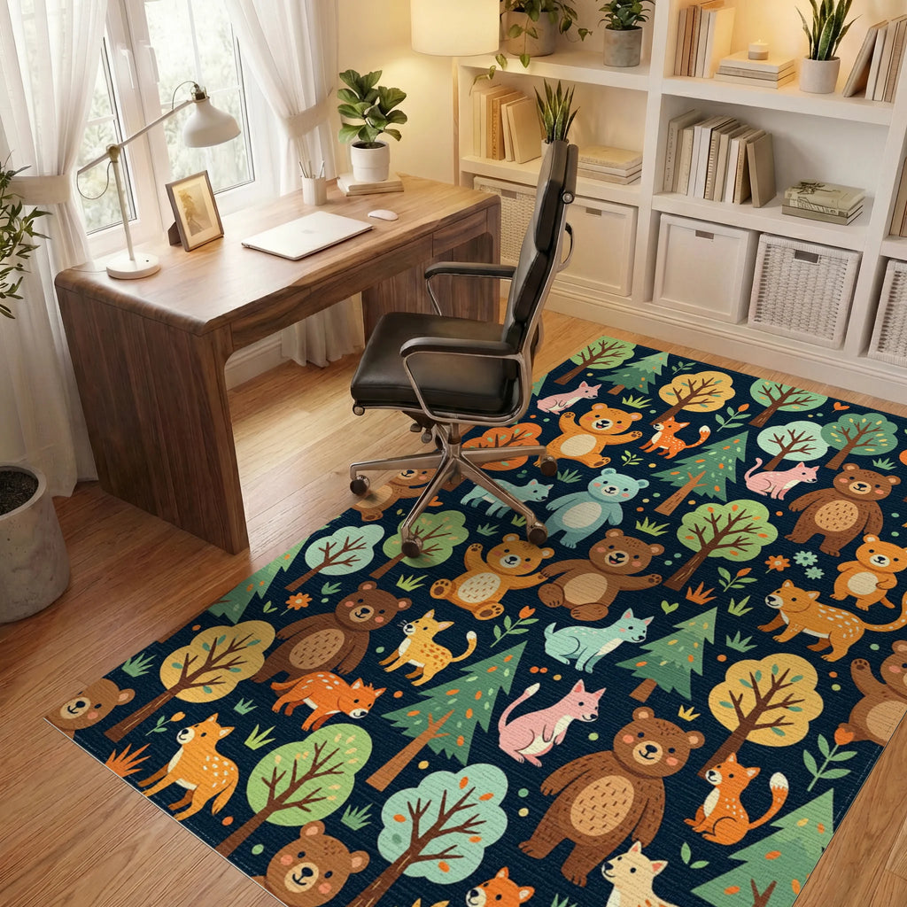 Whimsical Forest Animals Woodland Meadow Illustration Rug Office View