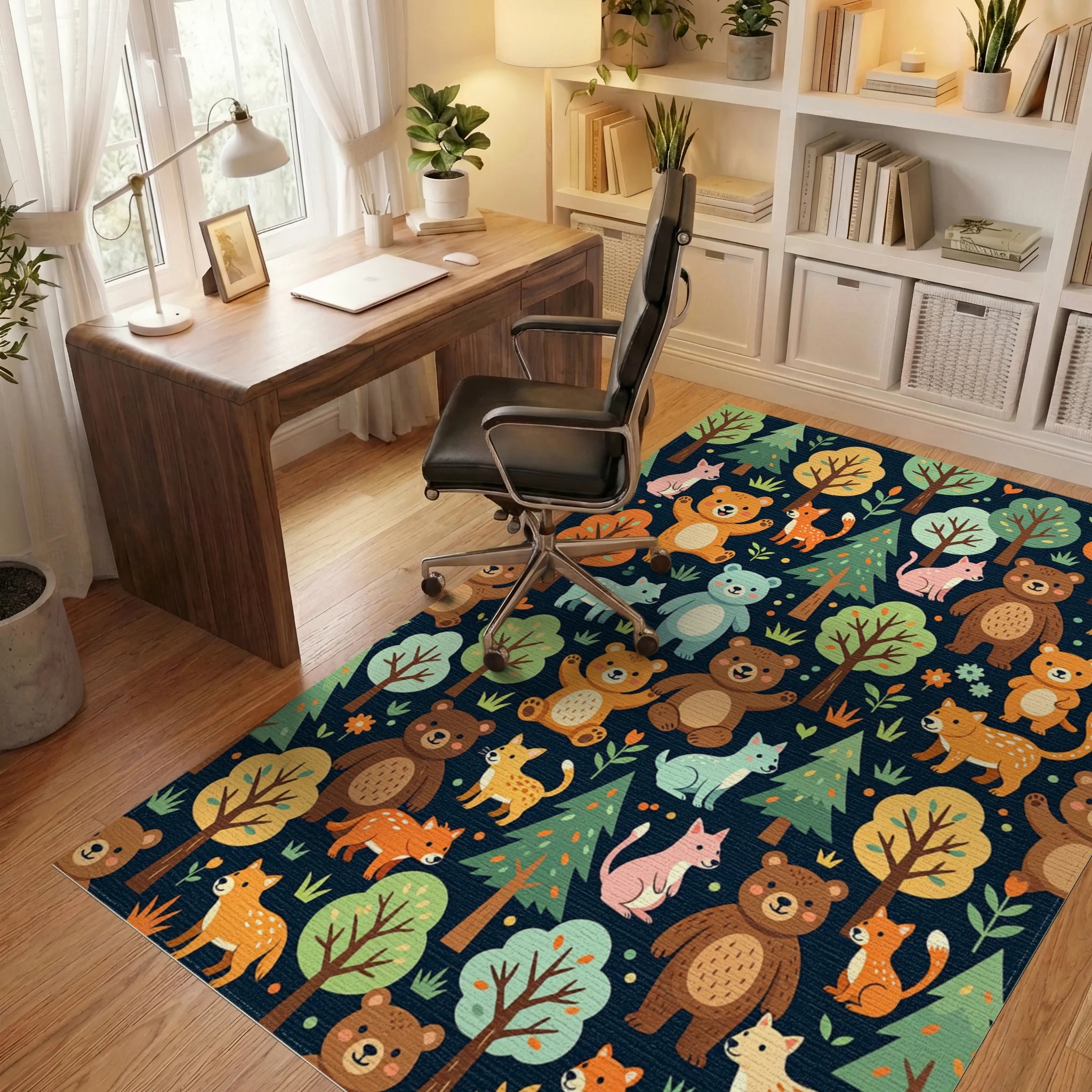 Whimsical Forest Animals Woodland Meadow Illustration Rug Office View
