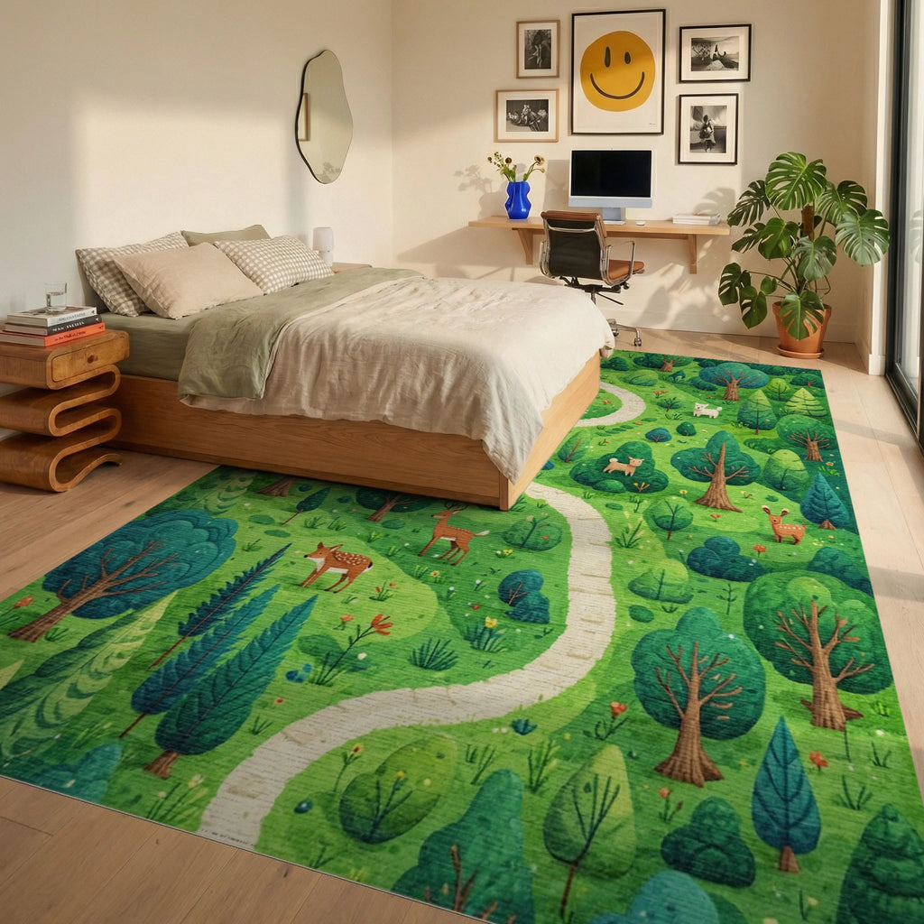 Whimsical Forest Path Woodland Creatures Rug - Bedroom View