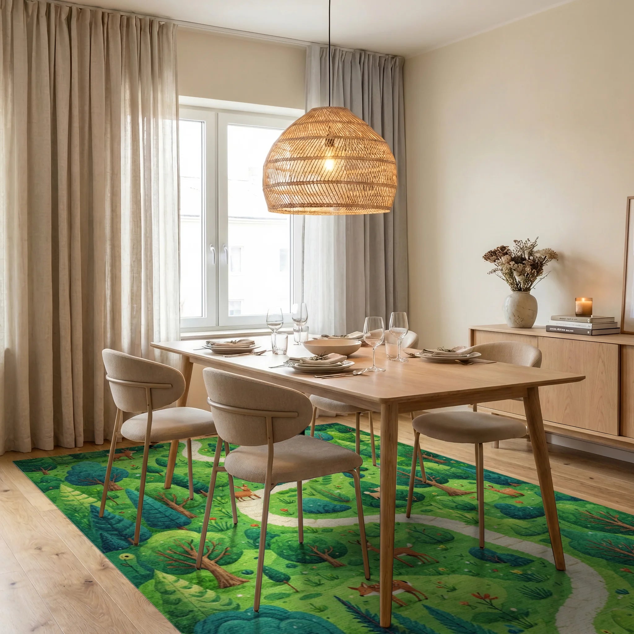 Whimsical Forest Path Woodland Creatures Rug - Dining Room View