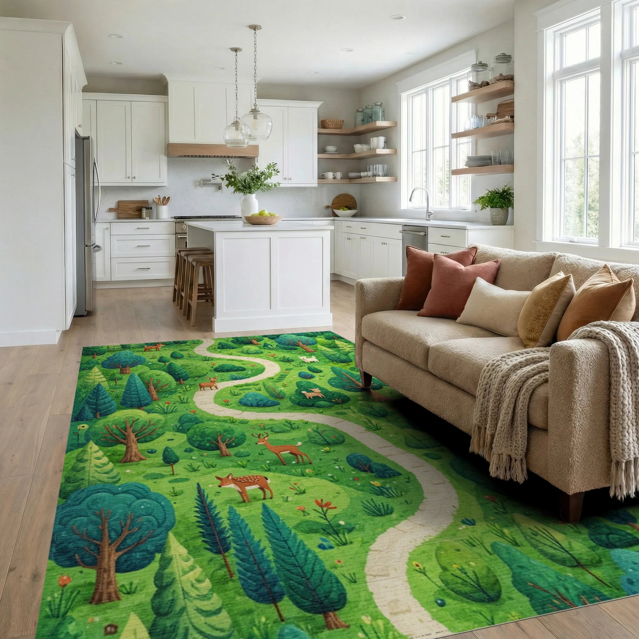 Whimsical Forest Path Woodland Creatures Rug - Living Room View