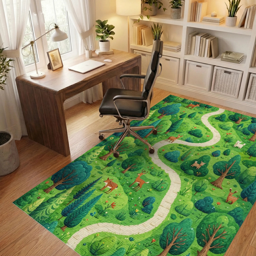 Whimsical Forest Path Woodland Creatures Rug - Office View