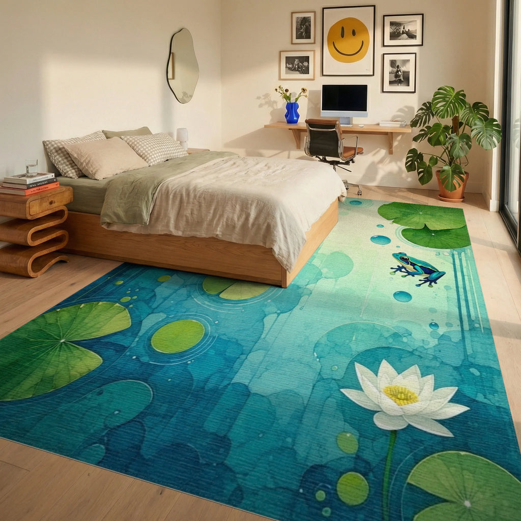 Whimsical Frog Pond Watercolor Design Rug - Bedroom View
