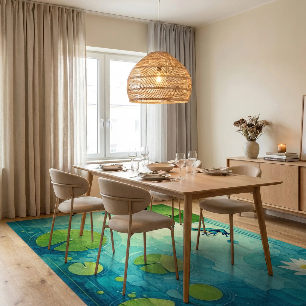Whimsical Frog Pond Watercolor Design Rug - Dining Room View